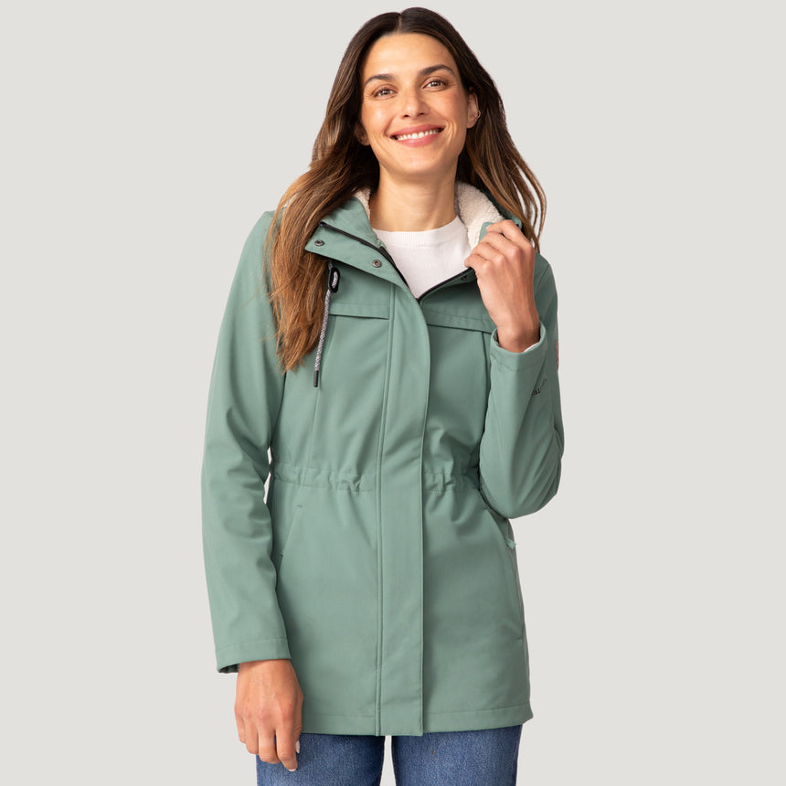 [Olga is 5’9" wearing a size Small.] Women's FreeCycle® Long Super Softshell® Jacket - S - Bayleaf #color_bayleaf