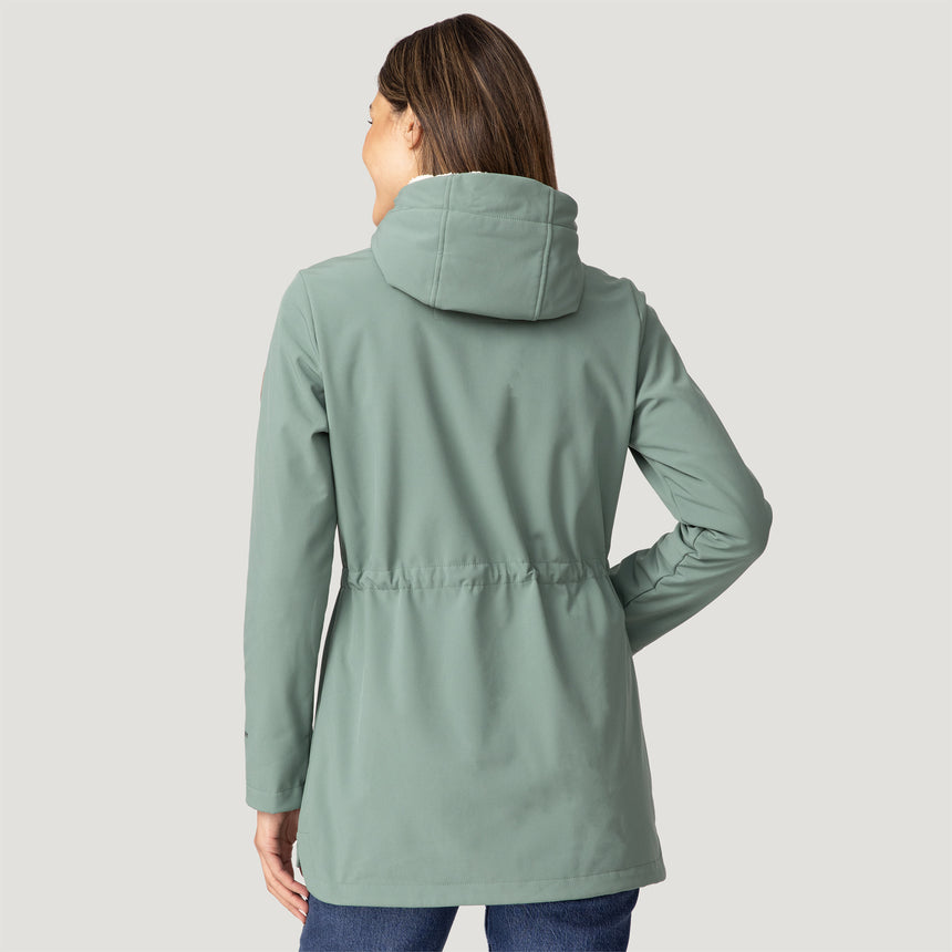 [Olga is 5’9" wearing a size Small.] Women's FreeCycle® Long Super Softshell® Jacket - S - Bayleaf #color_bayleaf