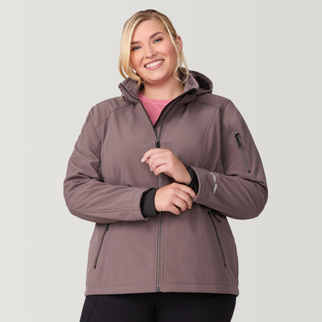 [Lola is 5'10.5" wearing a size 1X.] Women's Plus Size Aeris II Super Softshell® Jacket - 1X - Driftwood #color_driftood