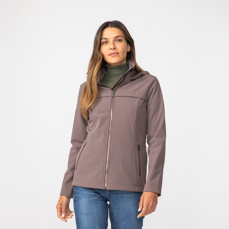 [Olga is 5’9" wearing a size Small.] Women's TrailTrek Super Softshell® Jacket - S - Driftwood #color_driftwood