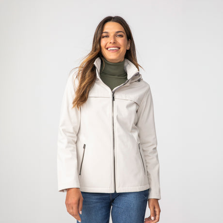 [Olga is 5’9" wearing a size Small.] Women's TrailTrek Super Softshell® Jacket - S - Oyster #color_oyster