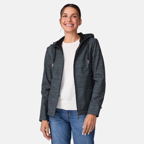 [Olga is 5’9” wearing a size Small.] Woman wearing Free Country Women's Alps Super Softshell® Jacket in textured black with a full front zipper opening, soft lining, attached hood with adjustable drawcords, and water resistant and wind resistant stretch performance fabric, light grey background. Perfect women’s  jacket for fall weather.