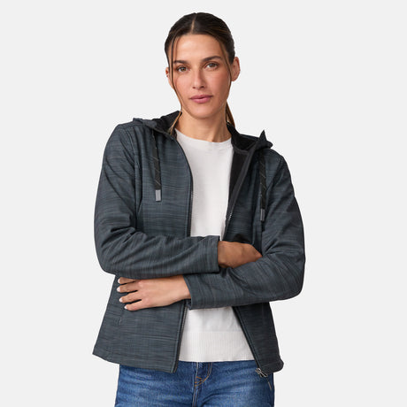 [Olga is 5’9” wearing a size Small.] Woman wearing Free Country Women's Alps Super Softshell® Jacket in textured black with a full front zipper opening, soft lining, attached hood with adjustable drawcords, and water resistant and wind resistant stretch performance fabric, light grey background. Perfect women’s  jacket for fall weather.