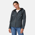 [Olga is 5’9” wearing a size Small.] Woman wearing Free Country Women's Alps Super Softshell® Jacket in textured black with a full front zipper opening, soft lining, attached hood with adjustable drawcords, and water resistant and wind resistant stretch performance fabric, light grey background. Perfect women’s  jacket for fall weather.
