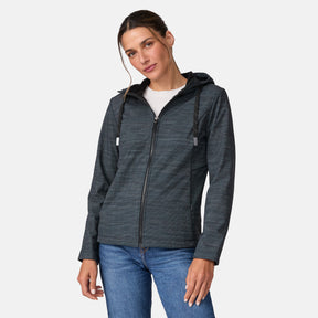 [Olga is 5’9” wearing a size Small.] Woman wearing Free Country Women's Alps Super Softshell® Jacket in textured black with a full front zipper opening, soft lining, attached hood with adjustable drawcords, and water resistant and wind resistant stretch performance fabric, light grey background. Perfect women’s  jacket for fall weather.