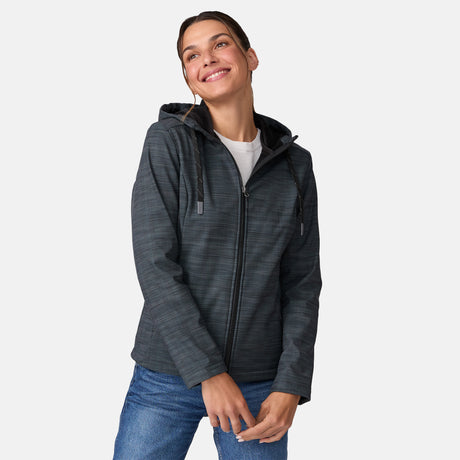[Olga is 5’9” wearing a size Small.] Woman wearing Free Country Women's Alps Super Softshell® Jacket in textured black with a full front zipper opening, soft lining, attached hood with adjustable drawcords, and water resistant and wind resistant stretch performance fabric, light grey background. Perfect women’s  jacket for fall weather.