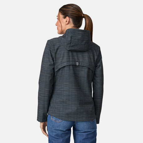[Olga is 5’9” wearing a size Small.] Woman wearing Free Country Women's Alps Super Softshell® Jacket in textured black with a full front zipper opening, soft lining, attached hood with adjustable drawcords, and water resistant and wind resistant stretch performance fabric, light grey background. Perfect women’s  jacket for fall weather.