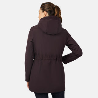 [Jessica is 5'9.5" wearing size S.] Women’s dark-brown hooded softshell jacket with zip-front closure, flap chest pockets, and adjustable drawstrings—features a sleeve patch and is paired with dark pants for a rugged, outdoor-ready look.