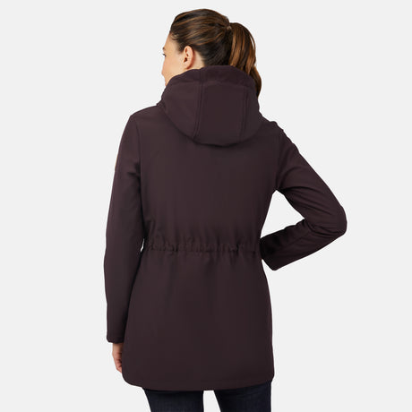 [Jessica is 5'9.5" wearing size S.] Women’s dark-brown hooded softshell jacket with zip-front closure, flap chest pockets, and adjustable drawstrings—features a sleeve patch and is paired with dark pants for a rugged, outdoor-ready look.