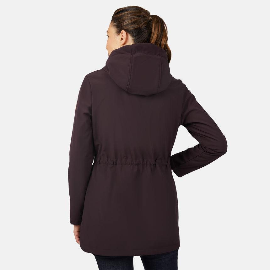 [Jessica is 5'9.5" wearing size S.] Women’s dark-brown hooded softshell jacket with zip-front closure, flap chest pockets, and adjustable drawstrings—features a sleeve patch and is paired with dark pants for a rugged, outdoor-ready look.