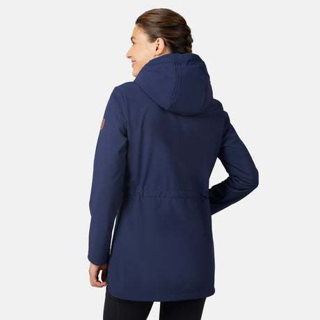 [Jessica is 5'9.5" wearing size S.] Free Country navy blue women’s softshell jacket with a fitted silhouette, zip-front closure, long sleeves, and adjustable hood drawstrings—styled with black pants for a sleek, minimalist outdoor look.