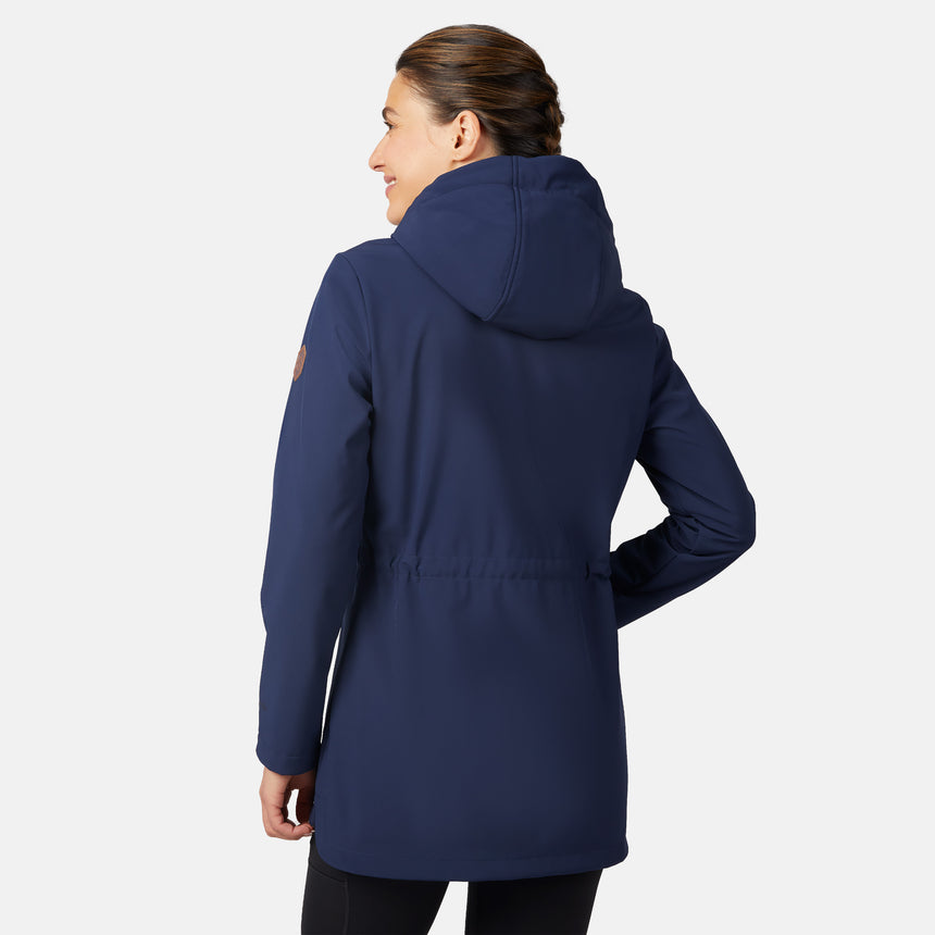 [Jessica is 5'9.5" wearing size S.] Free Country navy blue women’s softshell jacket with a fitted silhouette, zip-front closure, long sleeves, and adjustable hood drawstrings—styled with black pants for a sleek, minimalist outdoor look.