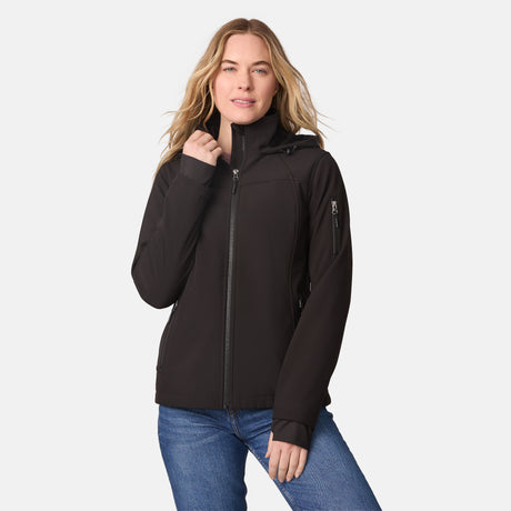 [CJ is 5'10" wearing size S.] Women’s black softshell zip-up jacket with high collar, thumb holes, and sleeve pocket — sleek, performance-ready outerwear for active wear