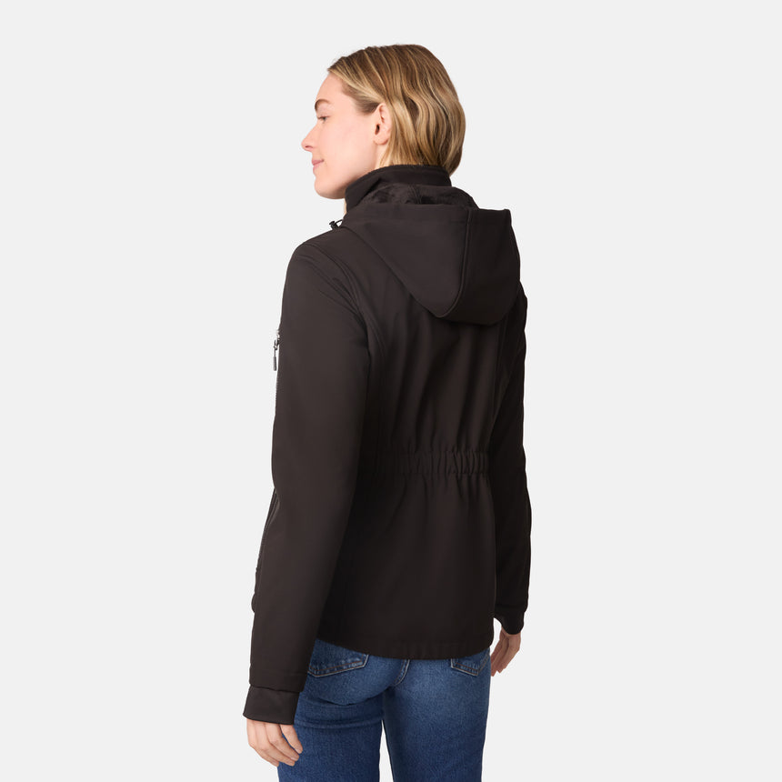 [CJ is 5'10" wearing size S.] Women’s black softshell zip-up jacket with high collar, thumb holes, and sleeve pocket — sleek, performance-ready outerwear for active wear