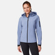 [Emily is 5'9" wearing size S.] Women’s light blue softshell hooded jacket with black zippers, sleeve pocket, and front zip closure — lightweight, weather-resistant layer for active wear