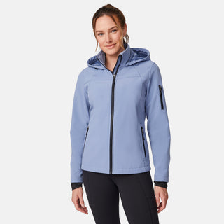 [Emily is 5'9" wearing size S.] Women’s light blue softshell hooded jacket with black zippers, sleeve pocket, and front zip closure — lightweight, weather-resistant layer for active wear