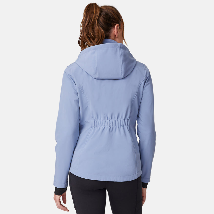 [Emily is 5'9" wearing size S.] Women’s light blue softshell hooded jacket with black zippers, sleeve pocket, and front zip closure — lightweight, weather-resistant layer for active wear