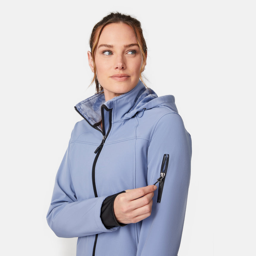 [Emily is 5'9" wearing size S.] Women’s light blue softshell hooded jacket with black zippers, sleeve pocket, and front zip closure — lightweight, weather-resistant layer for active wear