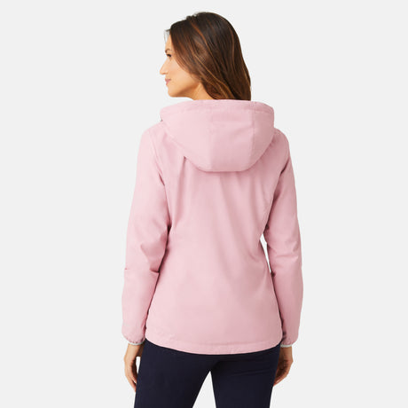A woman with long brown hair is seen from behind, wearing the Clearance Women's Windshear Jacket in light pink with dark pants, standing against a plain white background.