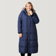 [Lola is 5'10.5" wearing a size 1X.] Women's Plus Size Full Length Splendor Down Jacket - Indigo - 1X #color_indigo