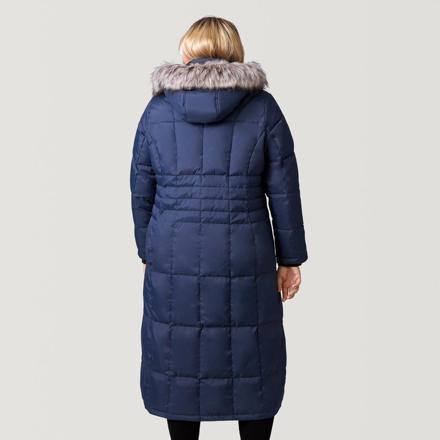 [Lola is 5'10.5" wearing a size 1X.] Women's Plus Size Full Length Splendor Down Jacket - Indigo - 1X #color_indigo