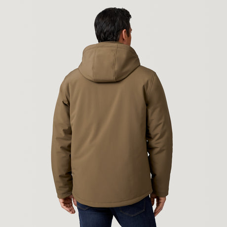 A person wearing the Clearance Men's Thermo Softshell® Mid Weight Jacket in brown, featuring a hood, and blue jeans stands with their back to the camera against a plain, light background.