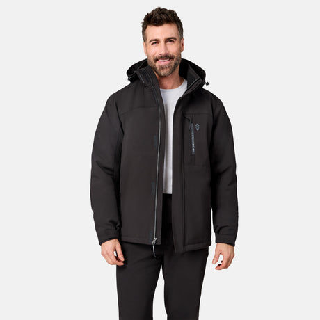 [Model is wearing size M.] A man wearing a black hooded jacket with a front zipper, zippered chest pocket, and a vertical logo on the pocket, paired with a white t-shirt and black pants, against a light gray background.