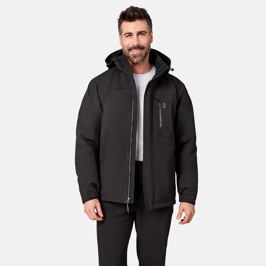 [Model is wearing size M.] A man wearing a black hooded jacket with a front zipper, zippered chest pocket, and a vertical logo on the pocket, paired with a white t-shirt and black pants, against a light gray background.