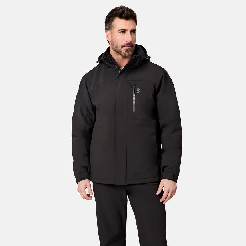 [Model is wearing size M.] A man wearing a black hooded outdoor jacket with a vertical zippered chest pocket, shown against a light gray studio background.