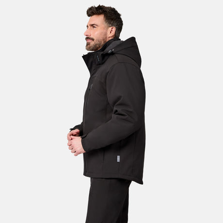[Model is wearing size M.] A man in side profile wearing a black hooded jacket and black pants against a light gray studio background.