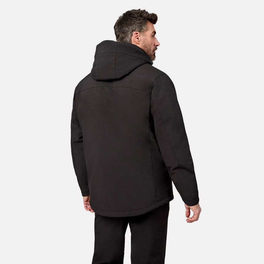 [Model is wearing size M.] A man wearing a black hooded jacket, shown from the back and side against a light gray studio background.