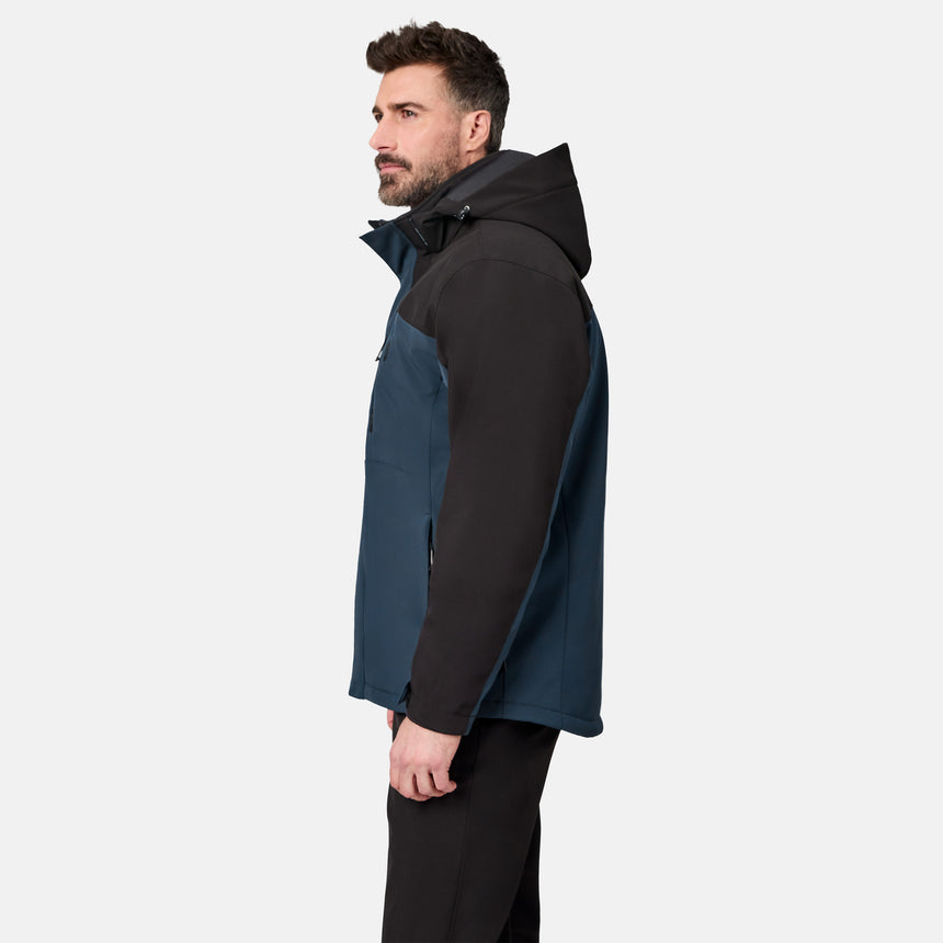 [Model is wearing size M.] A man shown in profile wearing a dark navy and black hooded jacket against a light gray studio background.