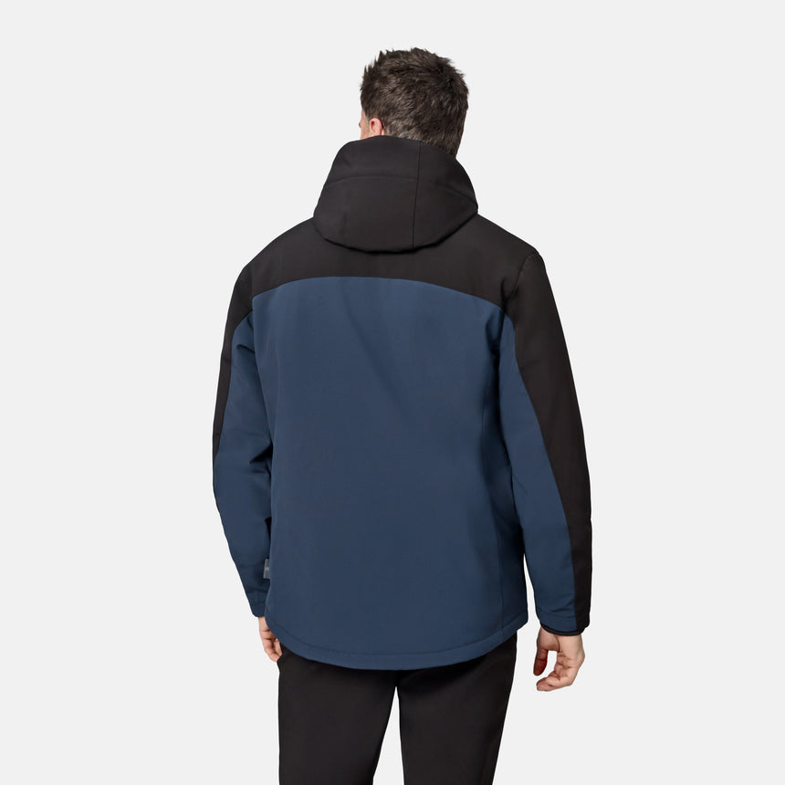 [Model is wearing size M.] A man viewed from the back wearing a colorblock hooded jacket with a navy blue body and black shoulders, hood, and sleeves, paired with black pants, against a light gray studio background.