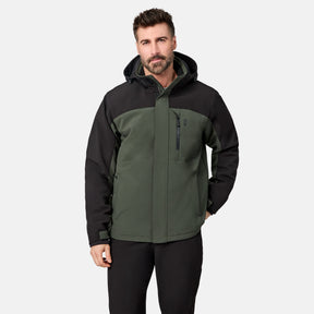 [Model is wearing size M.] A man wearing a hooded outdoor jacket in dark green and black, paired with black pants, photographed against a light gray studio background.
