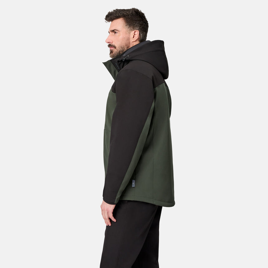 [Model is wearing size M.] A man in side profile wearing a color-blocked hooded jacket in dark green and black, paired with black pants, against a light gray studio background.