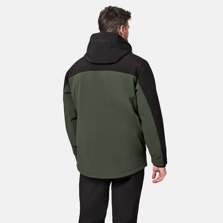 [Model is wearing size M.] A man viewed from the back wearing a color-blocked hooded jacket in dark green and black, paired with black pants, against a light gray studio background.
