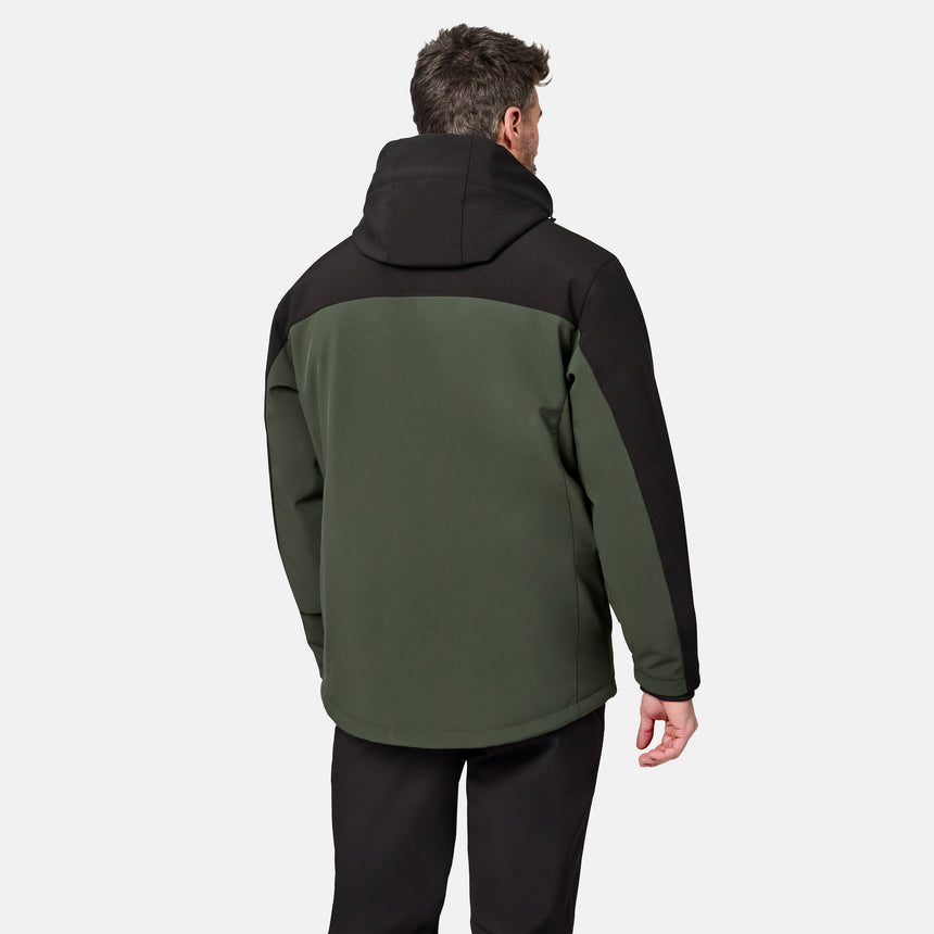[Model is wearing size M.] A man viewed from the back wearing a color-blocked hooded jacket in dark green and black, paired with black pants, against a light gray studio background.