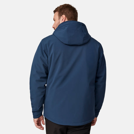 [Joe is 6'0" wearing size M.]  "Men’s Free Country hooded zip-front jacket with black chest panels and deep blue sleeves and body—features dual vertical zippered chest pockets, side hand pockets, full-length zipper closure, and an attached interior snow skirt for added protection against snow and wind. Styled with black pants for a sleek, functional cold-weather look.
