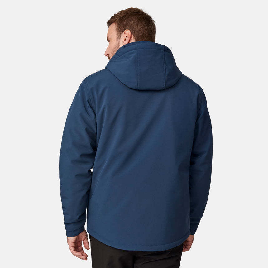 [Joe is 6'0" wearing size M.]  "Men’s Free Country hooded zip-front jacket with black chest panels and deep blue sleeves and body—features dual vertical zippered chest pockets, side hand pockets, full-length zipper closure, and an attached interior snow skirt for added protection against snow and wind. Styled with black pants for a sleek, functional cold-weather look.