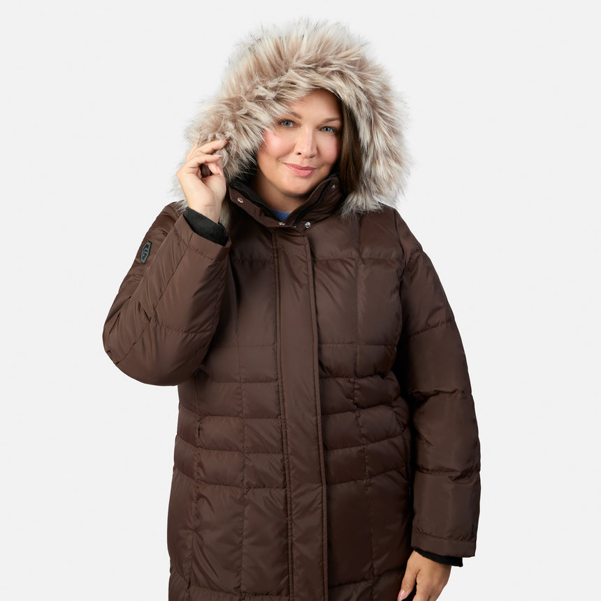 Close up of fur trimmed hood on burgundy Splendor down jacket worn by a model