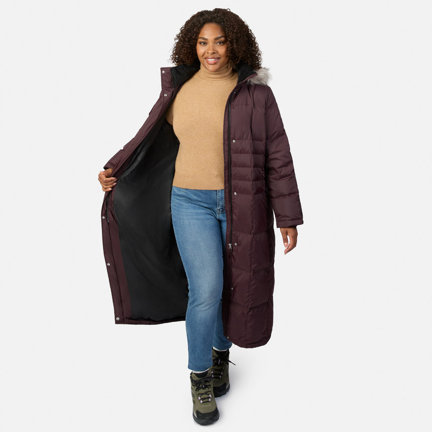Model in burgundy Splendor Down Jacket with fur trim hood and black lining