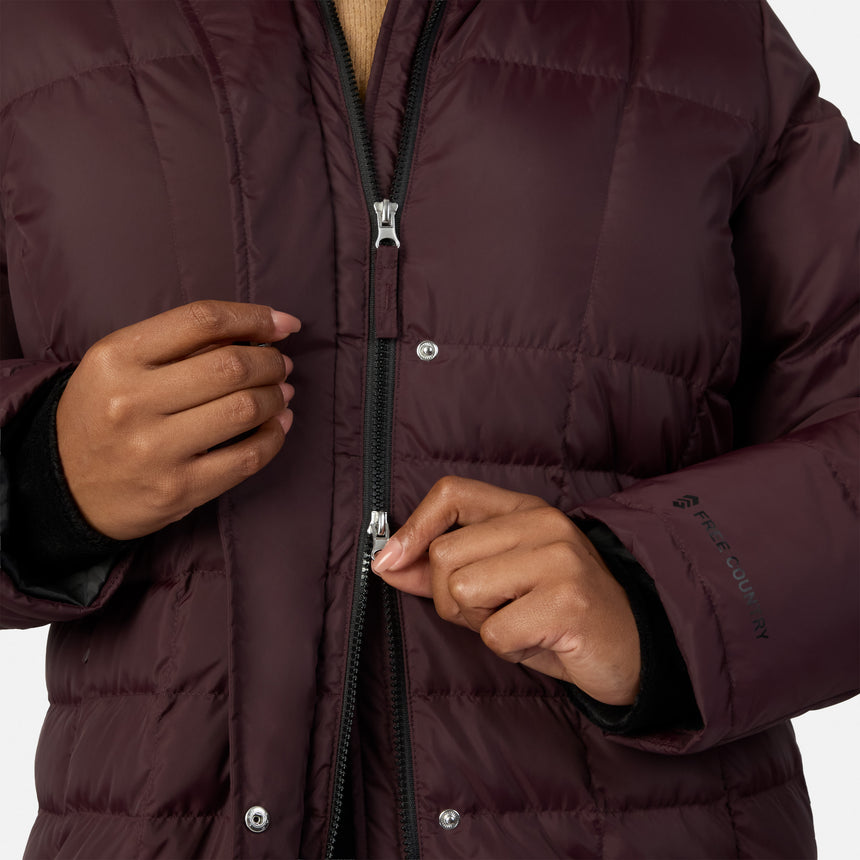 Close up of burgundy Splendor Down Jacket zipper with metal pull and snap buttons