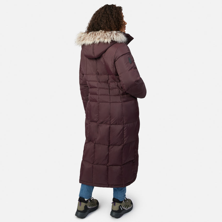 Back view of burgundy plus size Splendor down jacket with fur trimmed hood