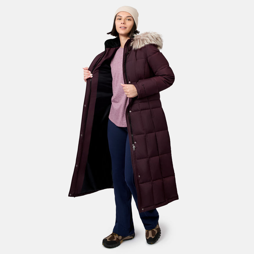 Model wearing burgundy full length Splendor Down Jacket with a fur trimmed hood front open to reveal a pink top