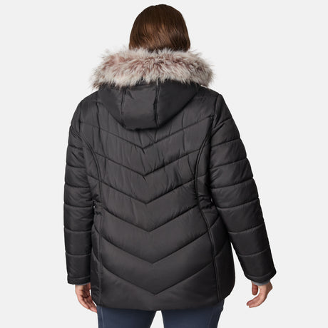 A person is shown from the back against a plain white background, wearing the Free Country Women’s Plus Size Unstoppable II Poly Air Touch Jacket in black, featuring a fur-lined hood and eco-friendly REPREVE fill.