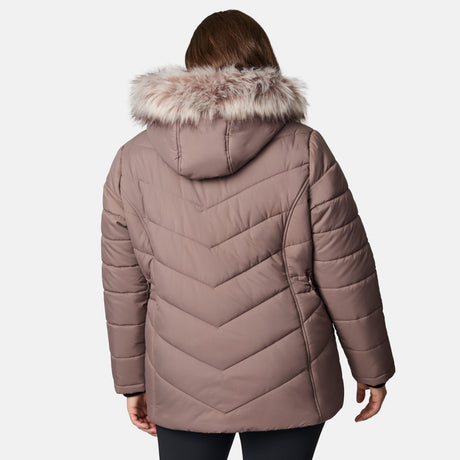 A woman is seen from the back wearing the Free Country Women's Plus Size Unstoppable II Poly Air Touch Jacket in mauve, featuring a faux fur-lined hood and REPREVE fill, against a plain white background.