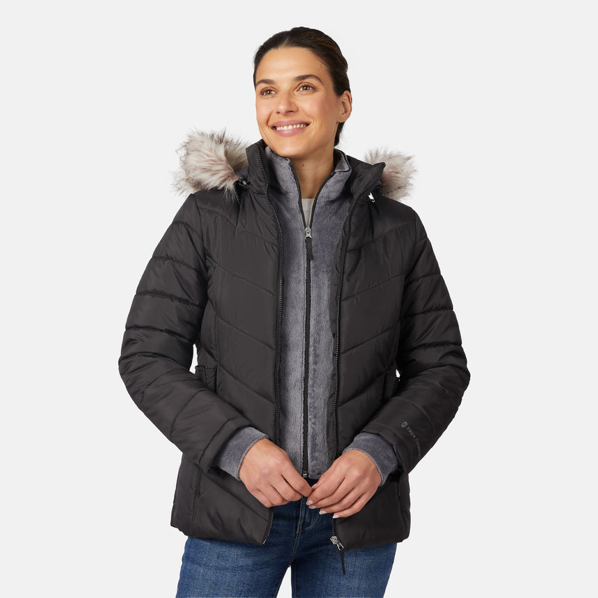 [Olga is 5'9" wearing size S.] Model wearing black quilted jacket with faux fur hood and attached bib — layered warmth and stylish silhouette for winter outings