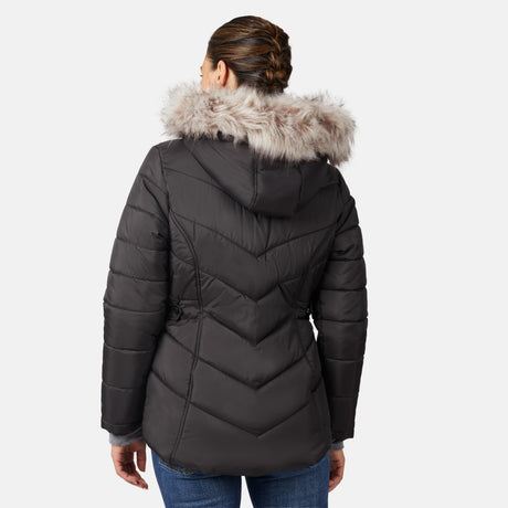 [Olga is 5'9" wearing size S.] Model wearing black quilted jacket with faux fur hood and attached bib — layered warmth and stylish silhouette for winter outings