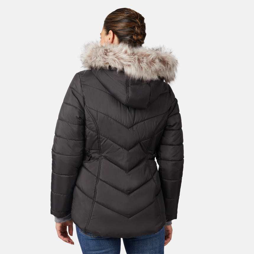 [Olga is 5'9" wearing size S.] Model wearing black quilted jacket with faux fur hood and attached bib — layered warmth and stylish silhouette for winter outings