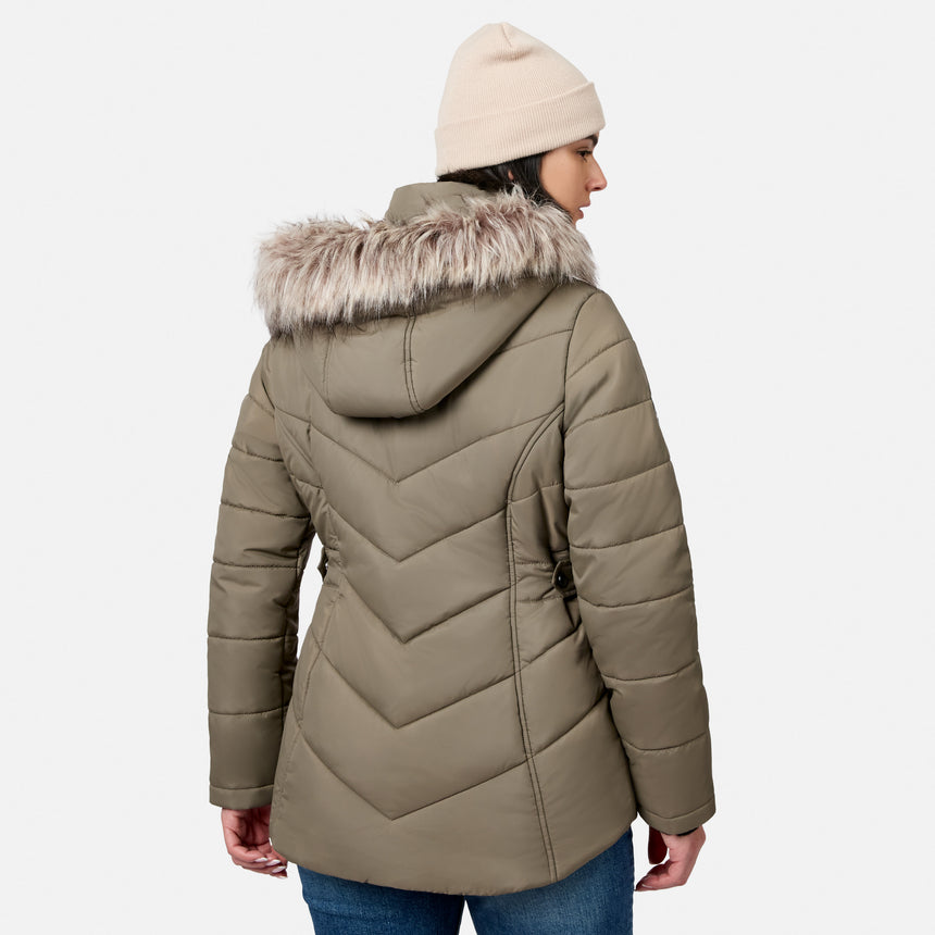 [Model is wearing size S.] A woman shown from the back wearing an olive green quilted winter jacket with a faux-fur trimmed hood, paired with a cream beanie and blue jeans, against a light gray studio background.
